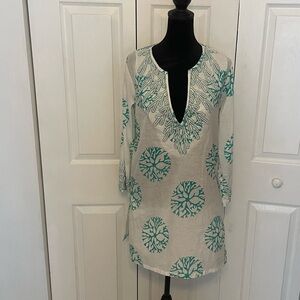 BARBARA GERWIT TUNIC TOP/BEACH COVER-UP WHITE & TURQUOISE SIZE SMALL NWOT